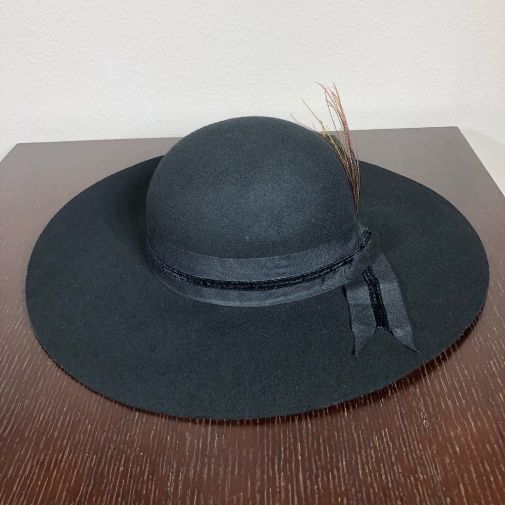 Cynthia Rowley Wool Black Fedora Cloche Wide Brim Peacock Feathers bohemian Hat - Picture 10 of 14